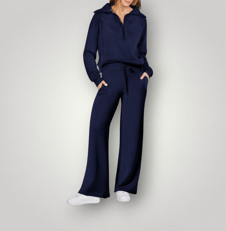 Conjunto de sudadera con media cremallera y pantalones de pierna ancha