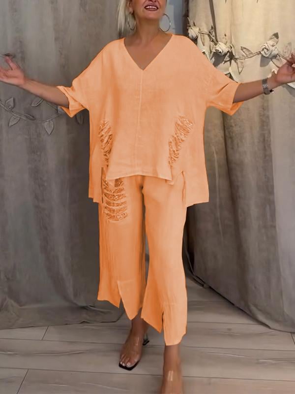 V-Neck Top and Cropped Pants Set