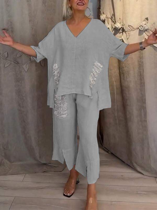 V-Neck Top and Cropped Pants Set