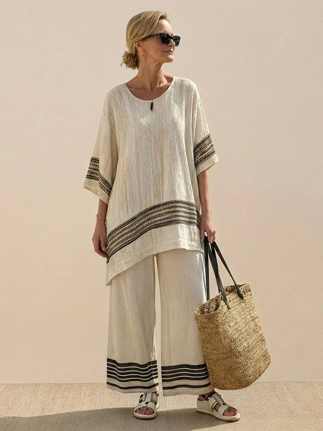 Conjunto de camiseta a rayas y pantalones de pierna ancha