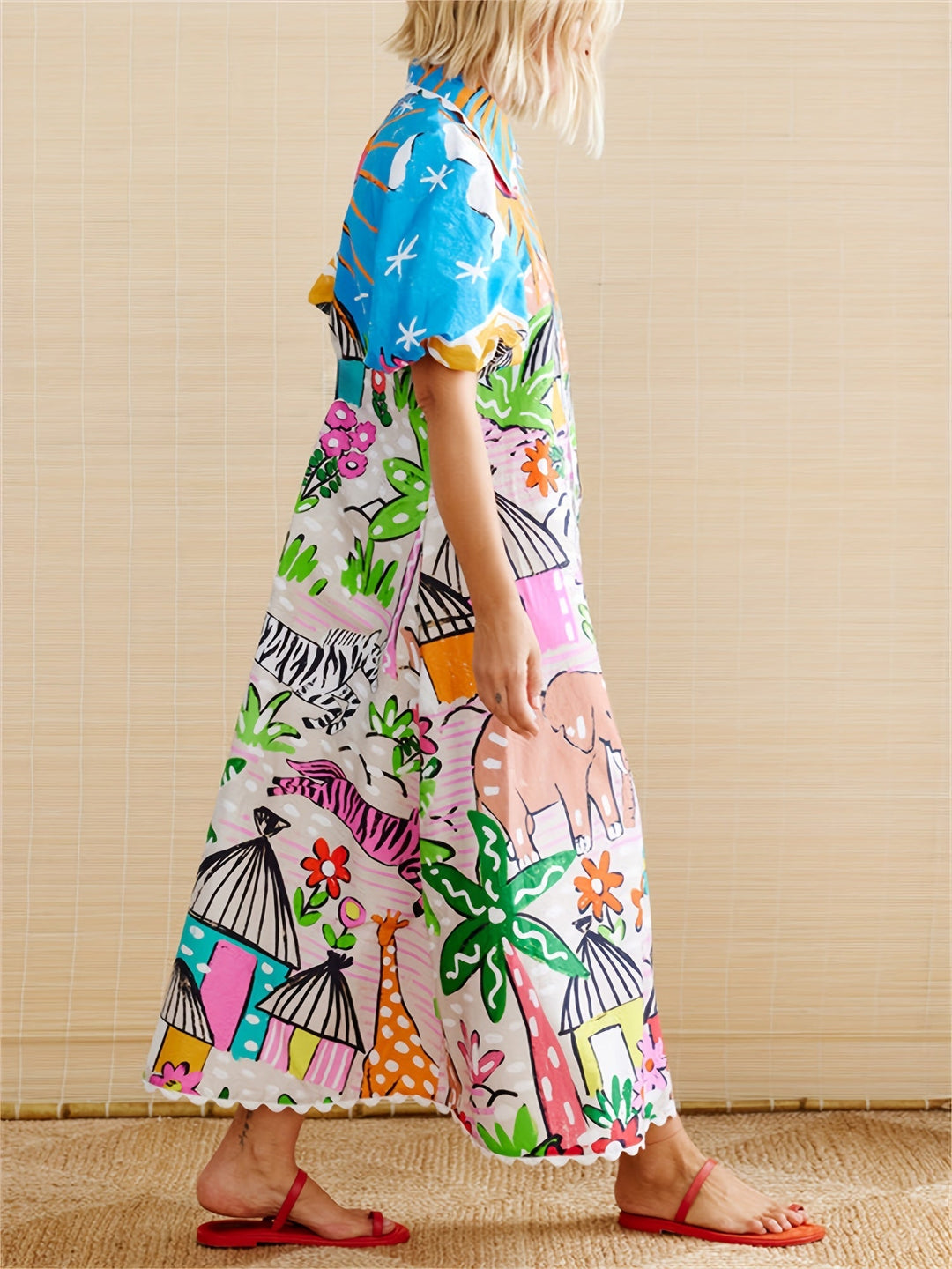 Women's Tropical Beach Midi Summer Dress with Lapel Neckline