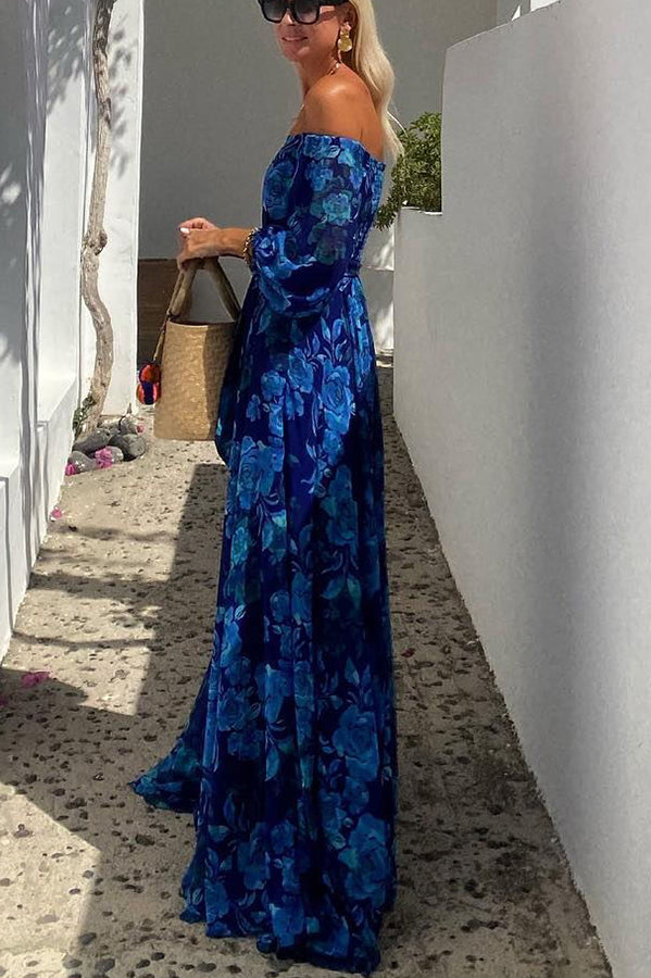 Vestido largo floral con hombros descubiertos para bodas nocturnas