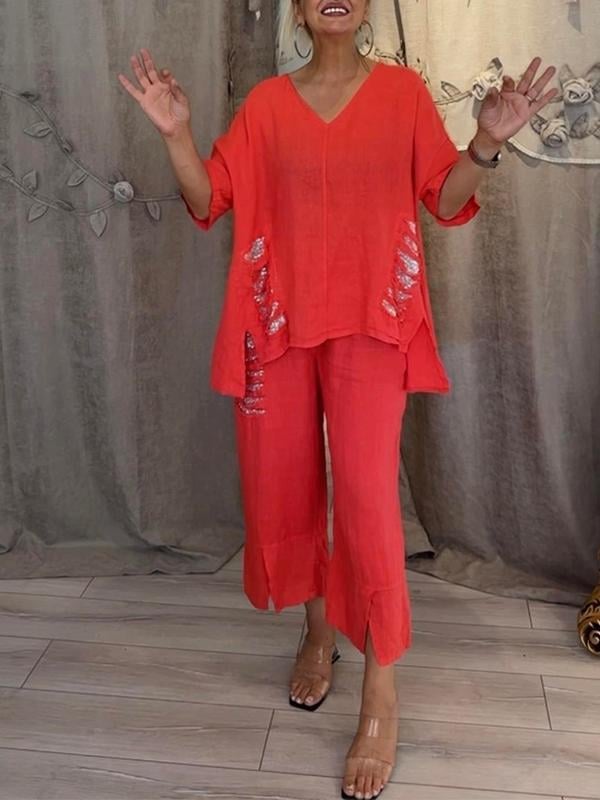 V-Neck Top and Cropped Pants Set