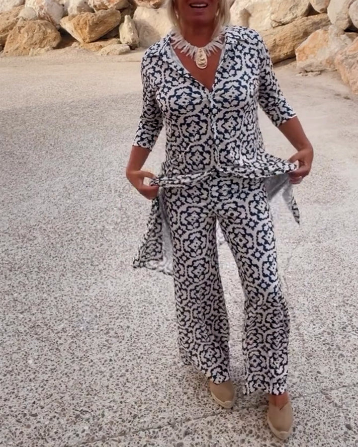 Conjunto de camisa larga estampada y pantalones rectos
