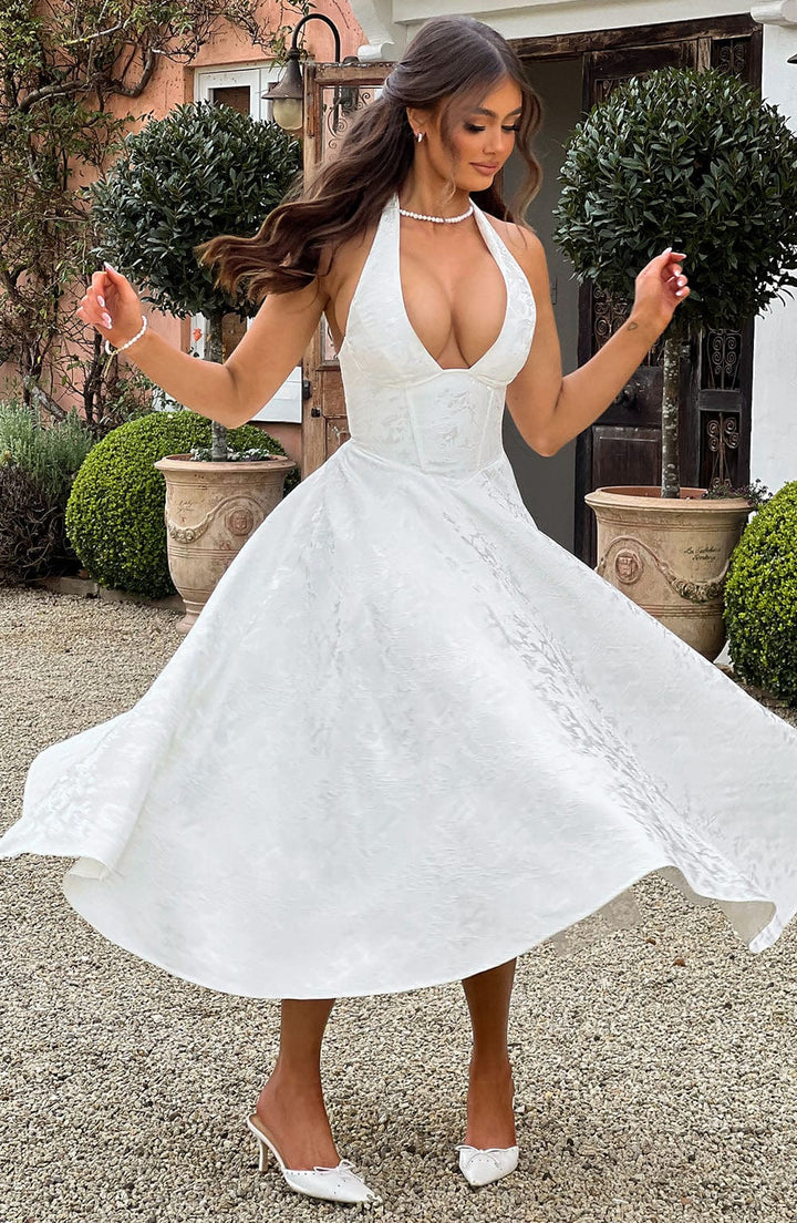Trendy Stylish-fit Halter Midi Wedding Guest Dress for Women