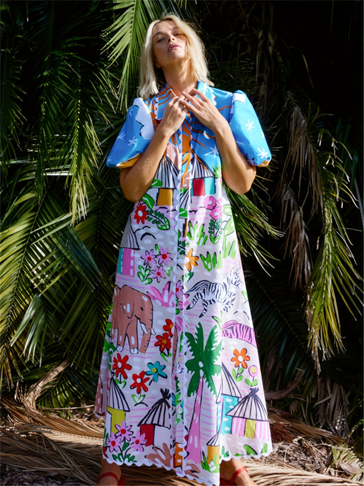 Women's Tropical Beach Midi Summer Dress with Lapel Neckline