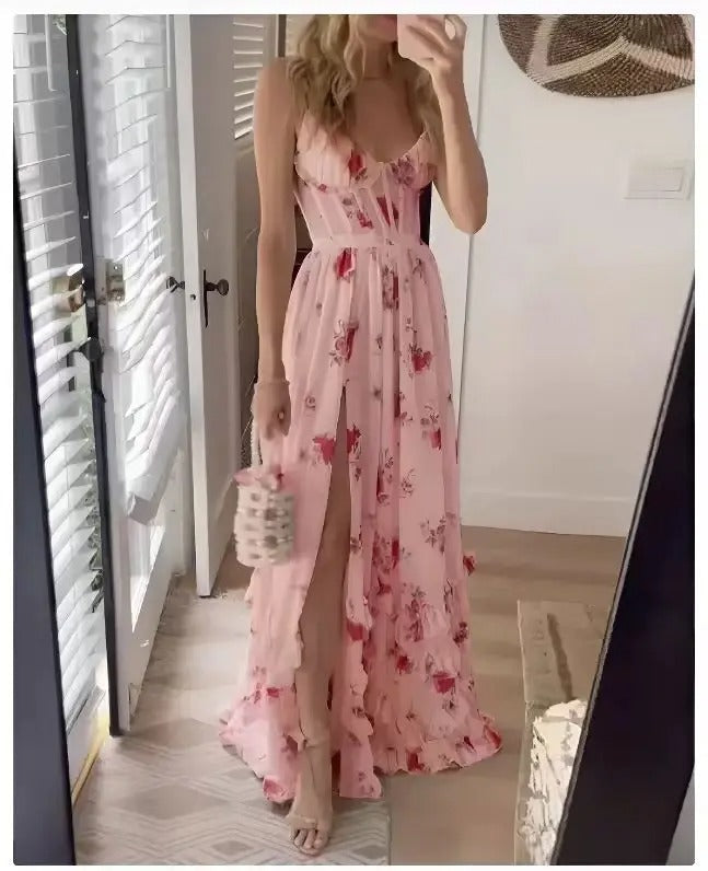 Floral Wedding Guest Maxi Dress with Feminine Detail