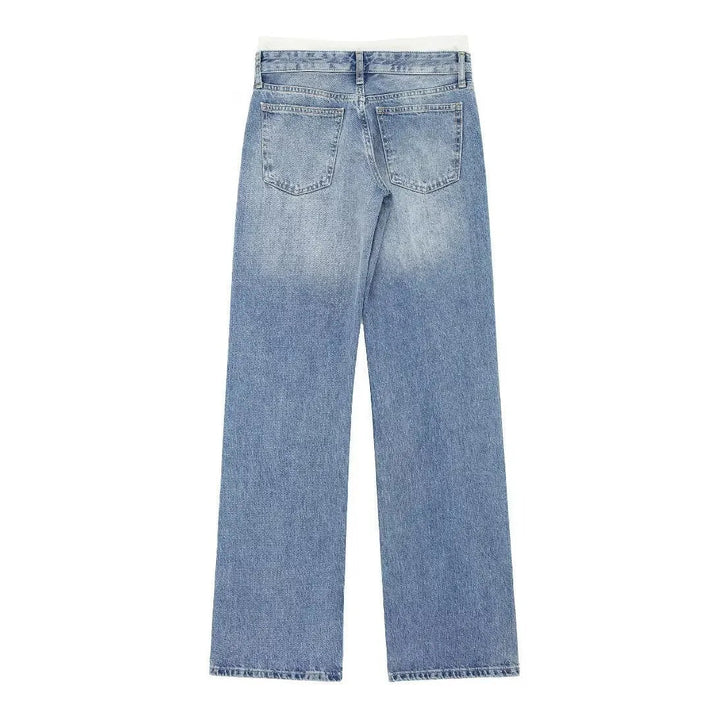 Jeans clásicos y elegantes de mujer de tiro medio con pierna recta y cordones