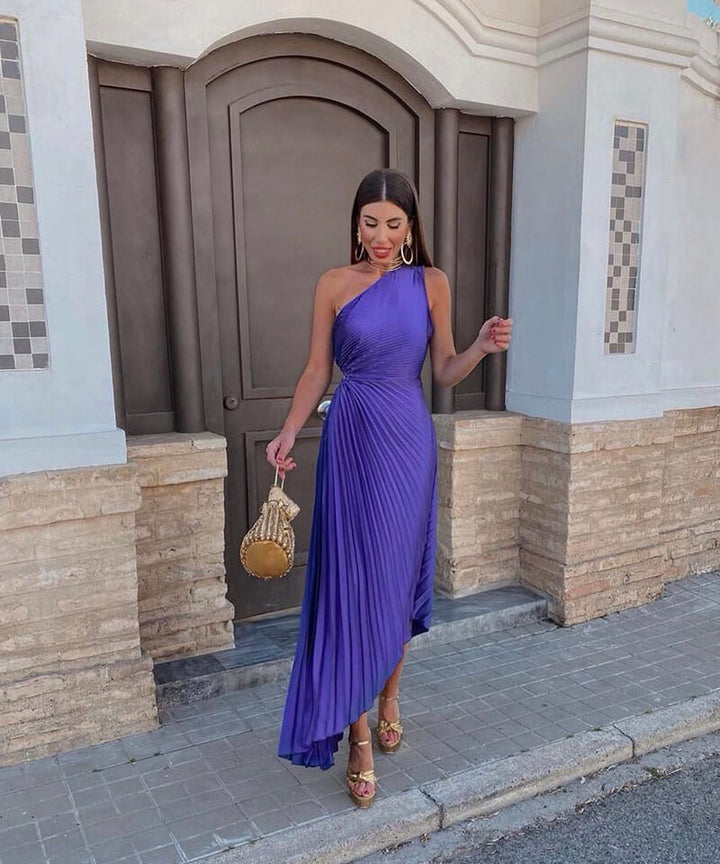 One Shoulder Asymmetric Midi Dress for Wedding Guests