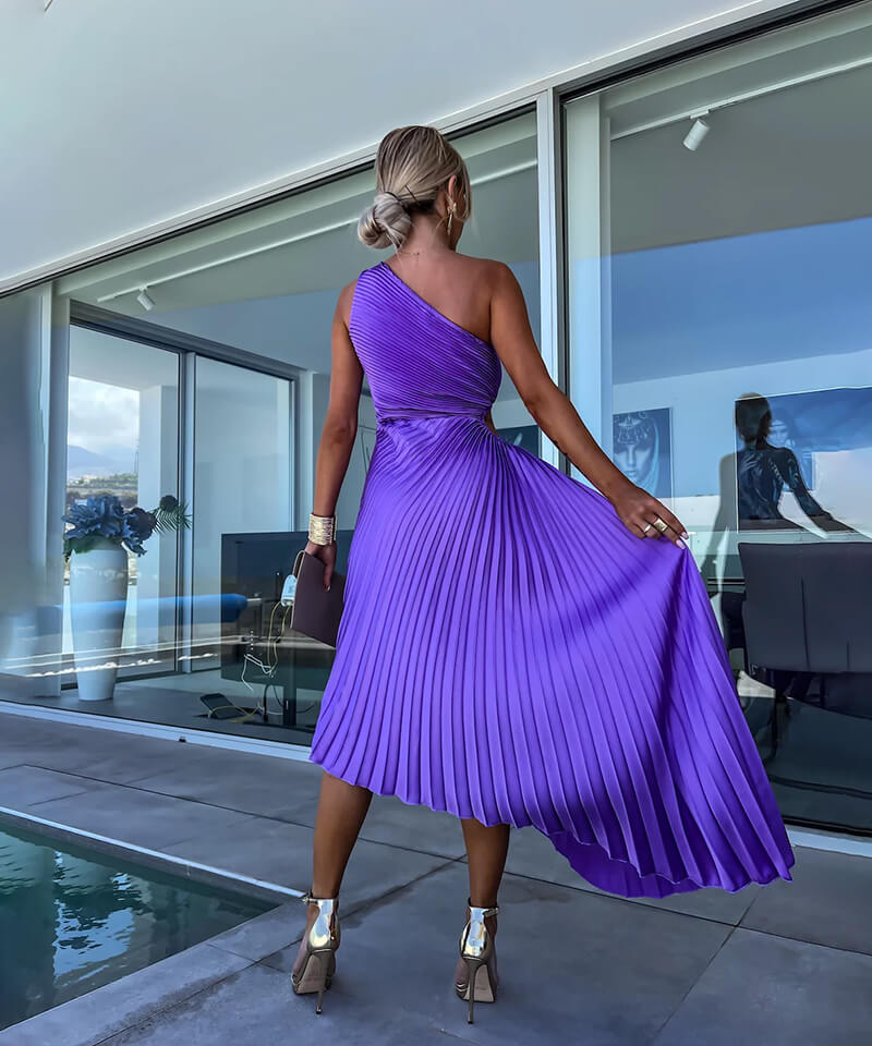 One Shoulder Asymmetric Midi Dress for Wedding Guests