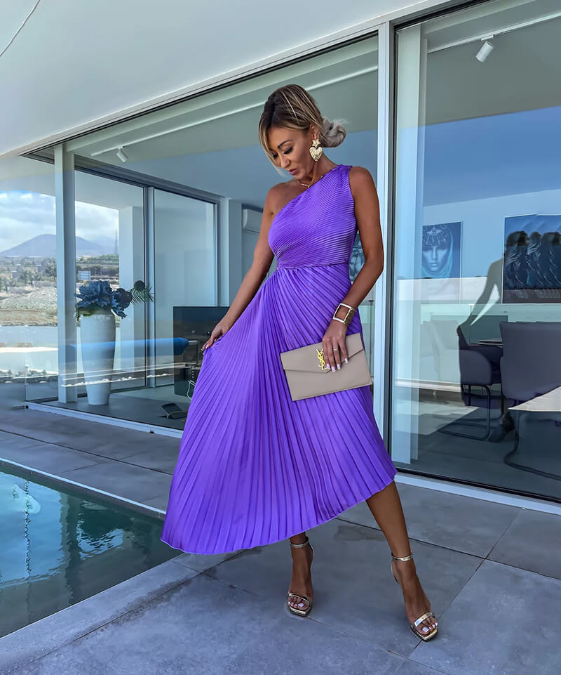 One Shoulder Asymmetric Midi Dress for Wedding Guests