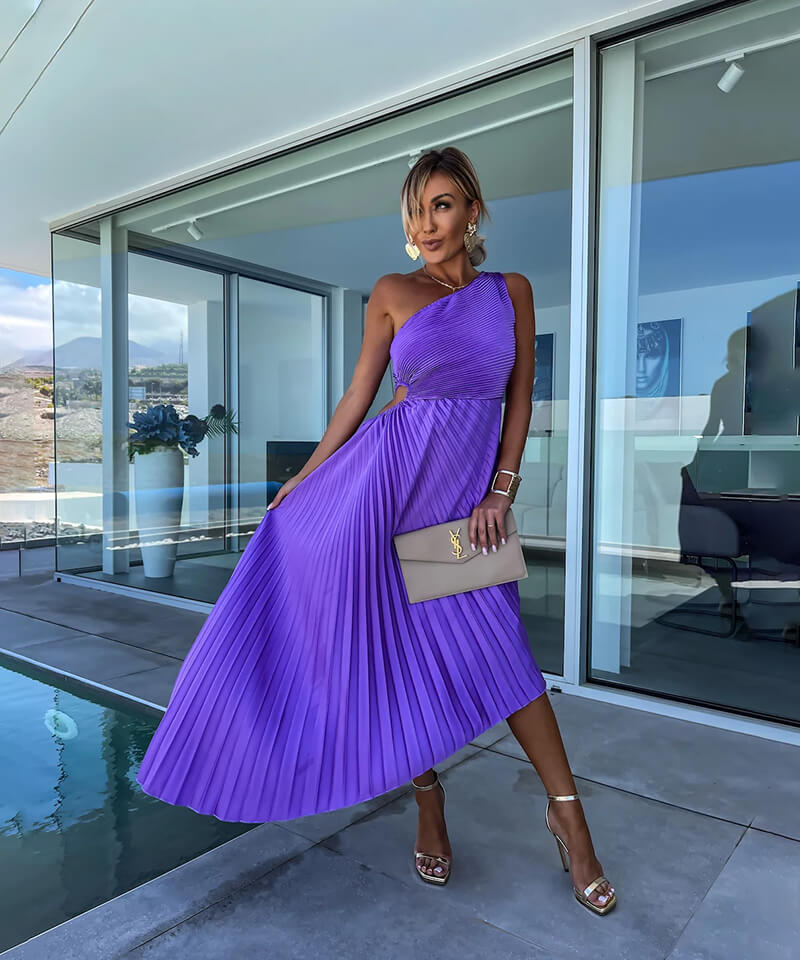 One Shoulder Asymmetric Midi Dress for Wedding Guests