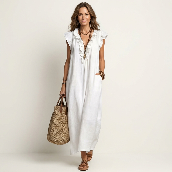 Ruffle V-Neck Linen Maxi Dress