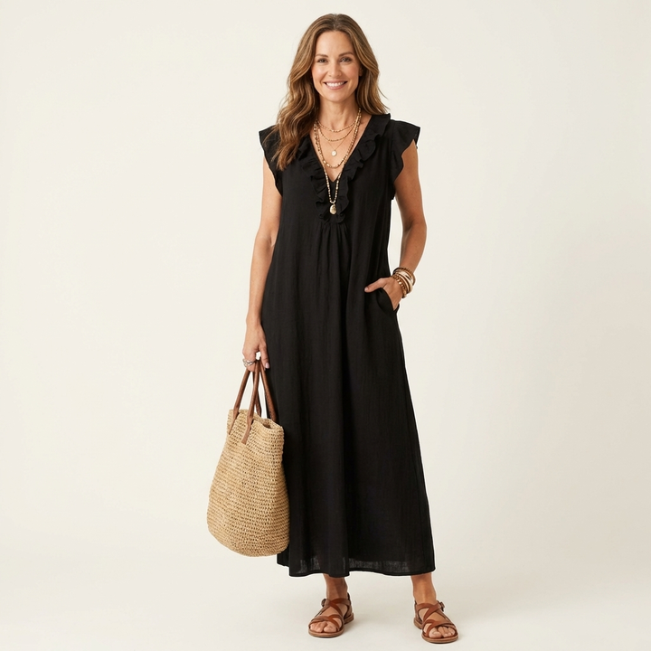 Ruffle V-Neck Linen Maxi Dress