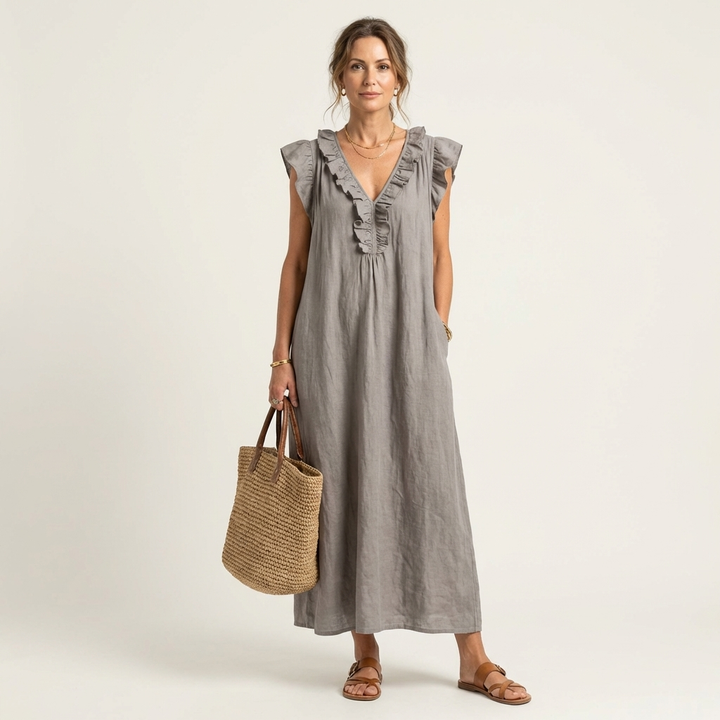 Ruffle V-Neck Linen Maxi Dress
