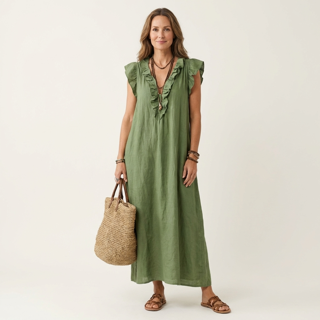 Ruffle V-Neck Linen Maxi Dress