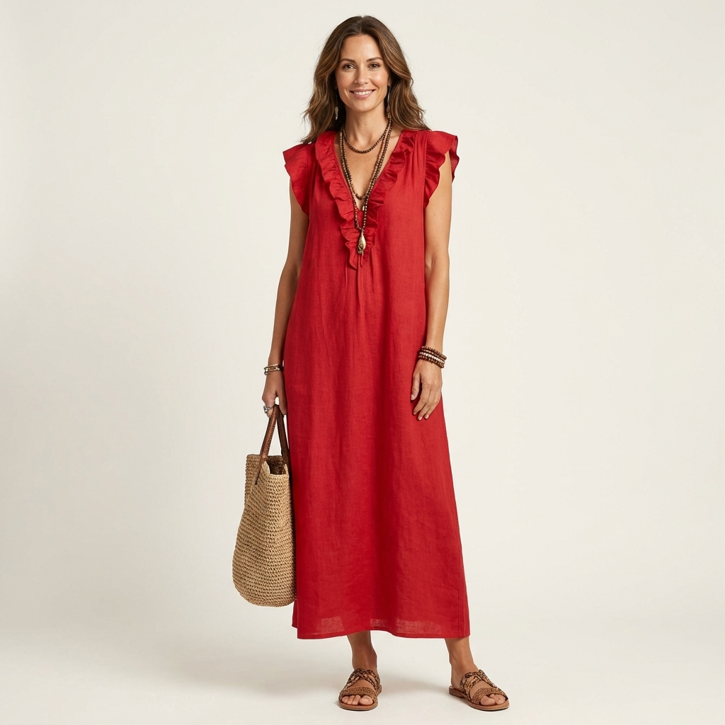 Ruffle V-Neck Linen Maxi Dress