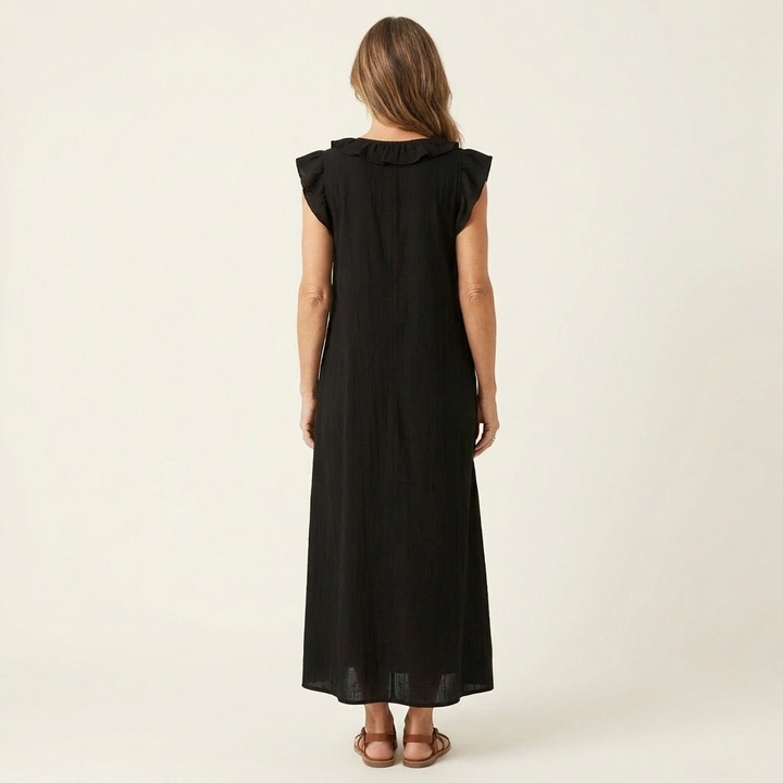 Ruffle V-Neck Linen Maxi Dress