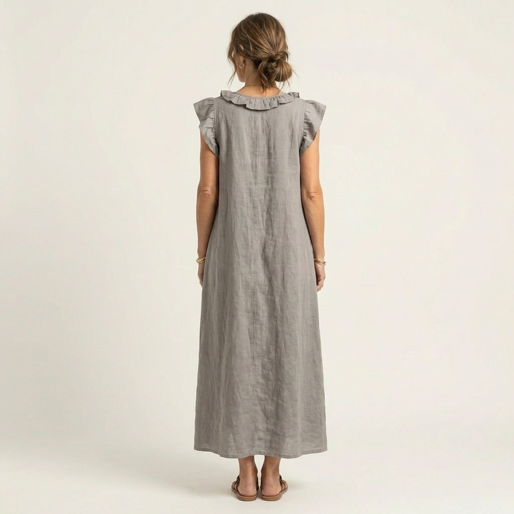 Ruffle V-Neck Linen Maxi Dress