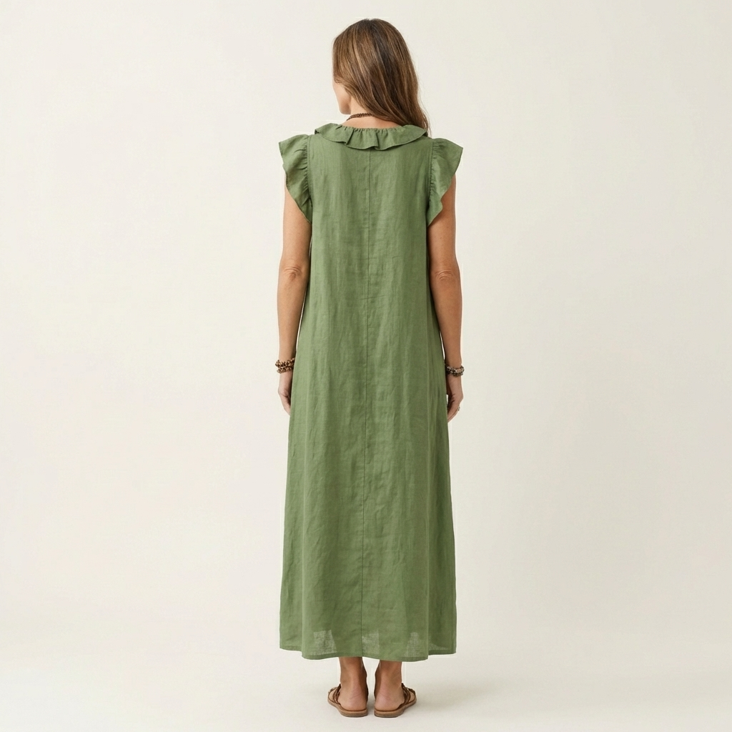 Ruffle V-Neck Linen Maxi Dress