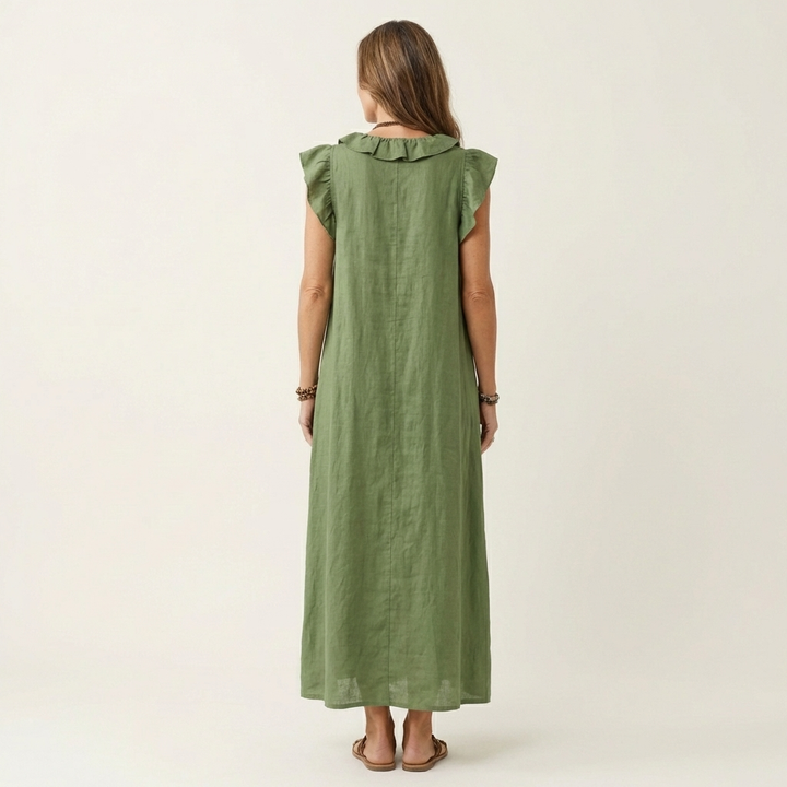 Ruffle V-Neck Linen Maxi Dress