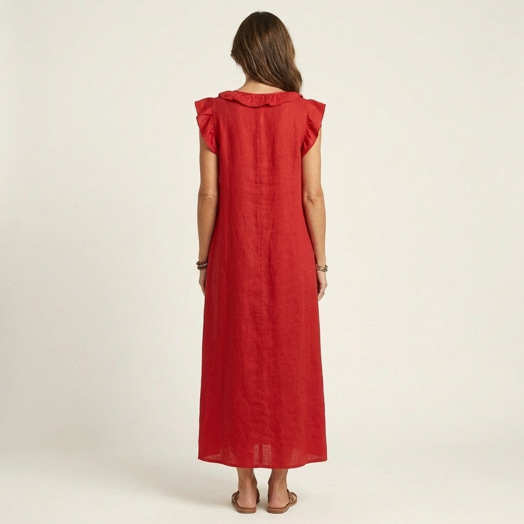 Ruffle V-Neck Linen Maxi Dress