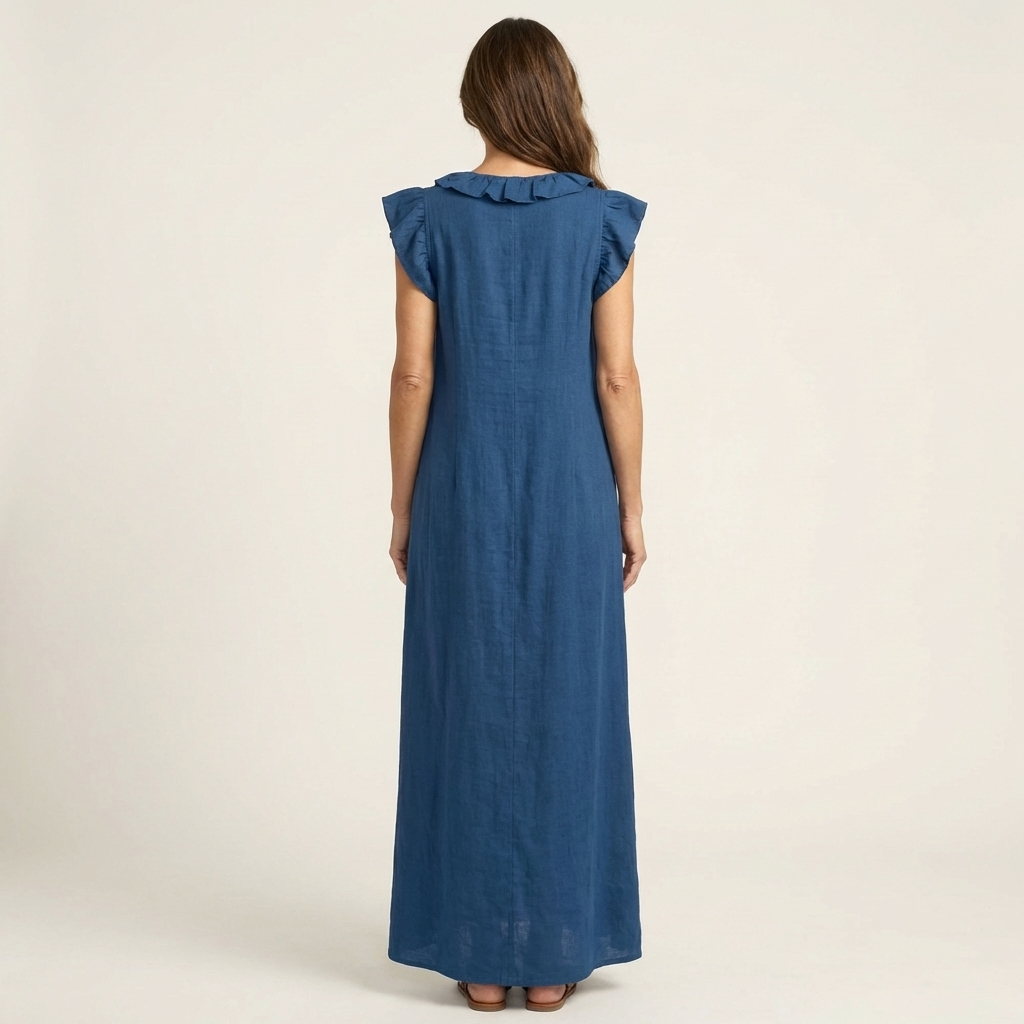Ruffle V-Neck Linen Maxi Dress