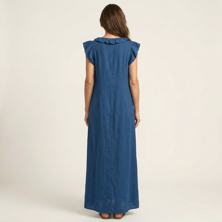 Ruffle V-Neck Linen Maxi Dress