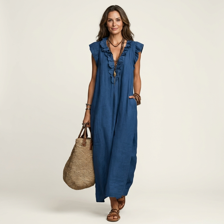 Ruffle V-Neck Linen Maxi Dress