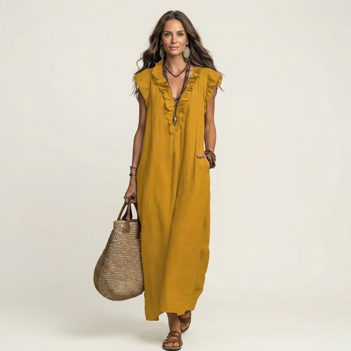 Ruffle V-Neck Linen Maxi Dress