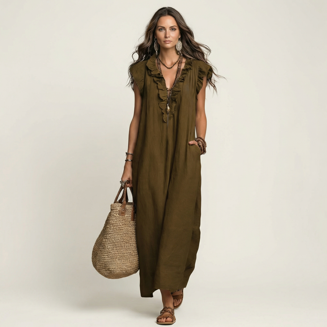 Ruffle V-Neck Linen Maxi Dress