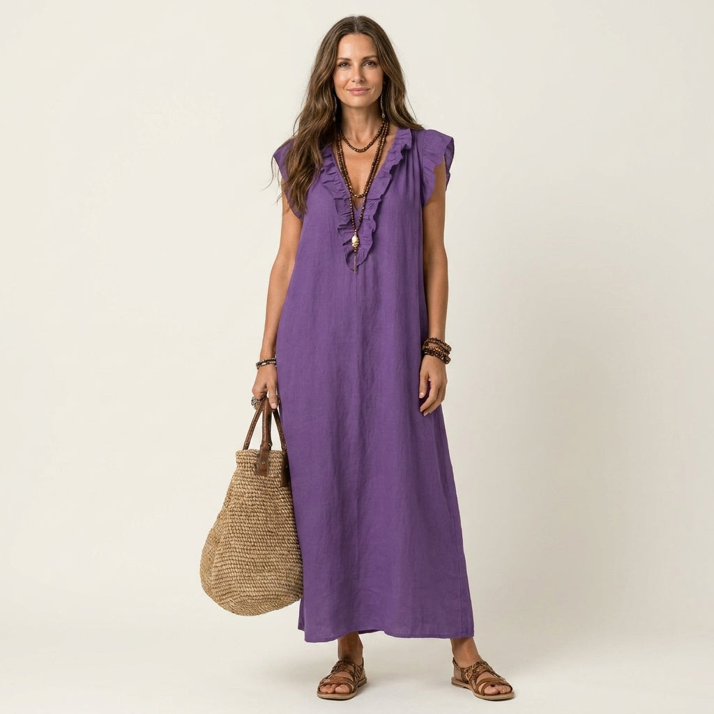 Ruffle V-Neck Linen Maxi Dress