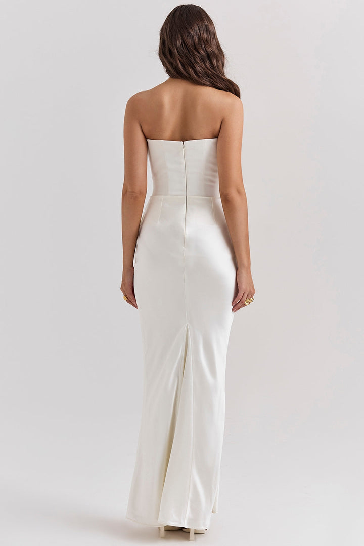 Vestido largo pulido sin tirantes atemporal para invitadas de boda para mujer