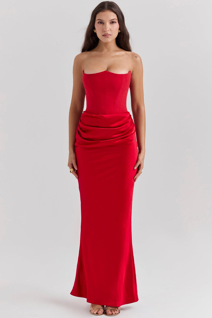 Vestido largo pulido sin tirantes atemporal para invitadas de boda para mujer