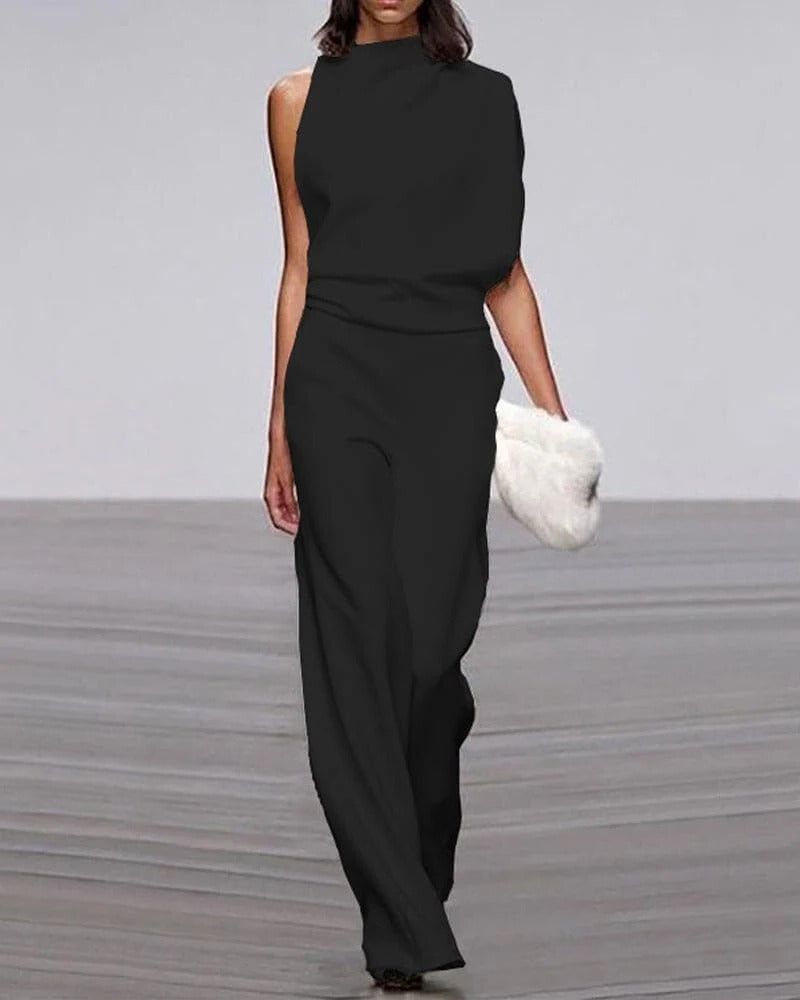 Sleeveless Mock Neck Wide-Leg Jumpsuit