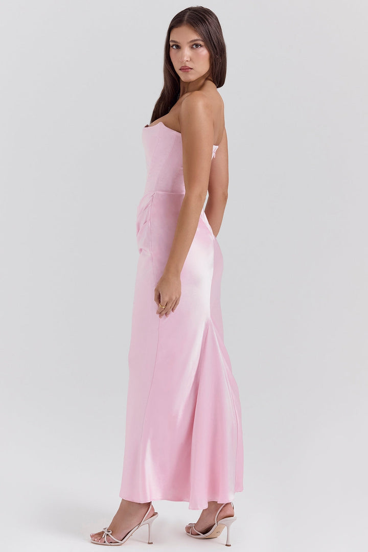 Vestido largo pulido sin tirantes atemporal para invitadas de boda para mujer