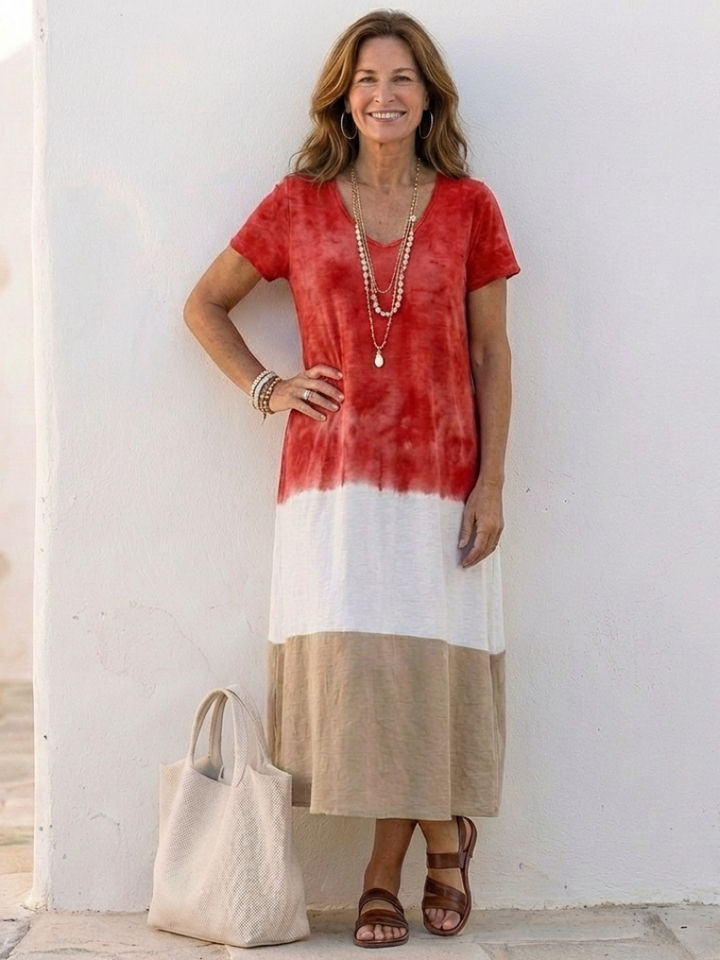 Color Block V-Neck Midi Dress