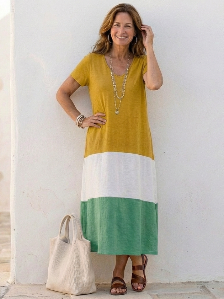 Color Block V-Neck Midi Dress