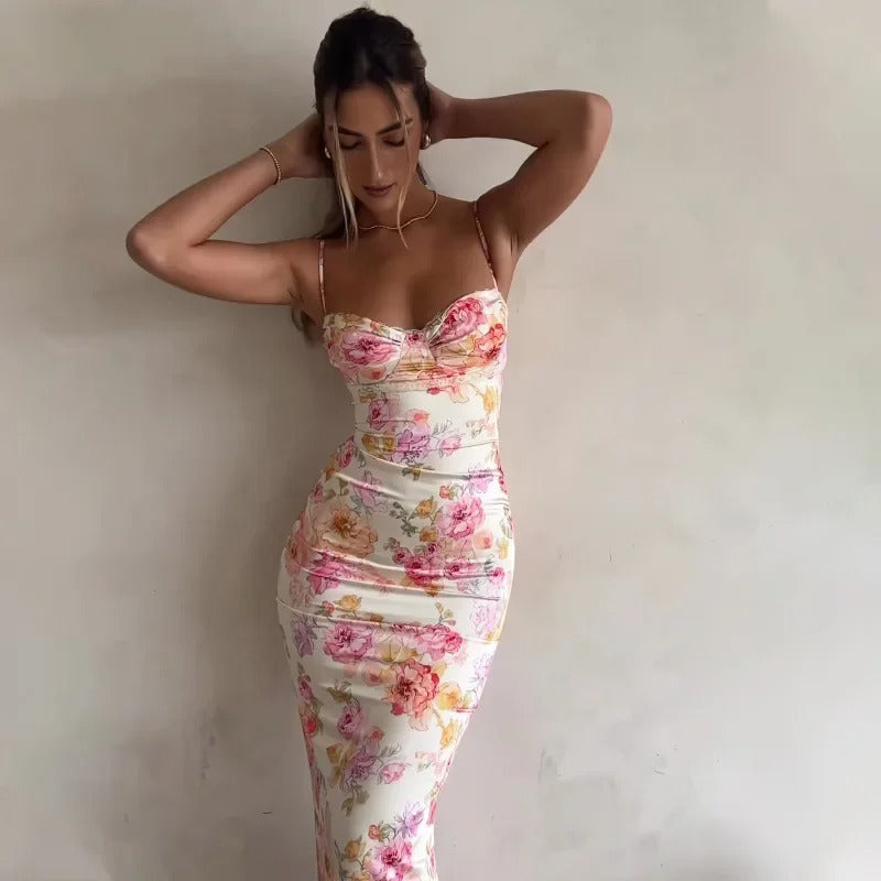 Women's Figure-Hugging Occasion Floral Maxi Dress with Lace Trim