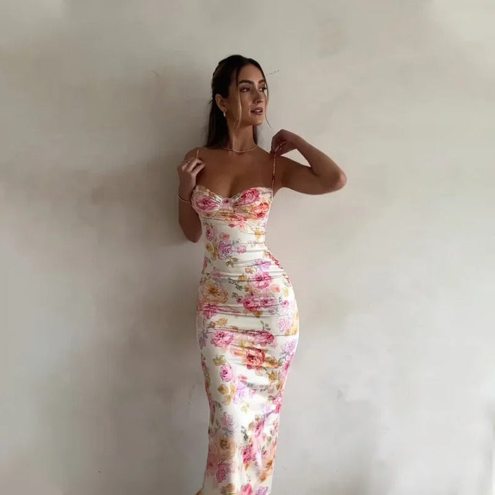Women's Figure-Hugging Occasion Floral Maxi Dress with Lace Trim