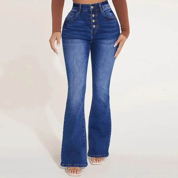 Jeans de mezclilla resistentes y elegantes de mujer de tiro alto y acampanados