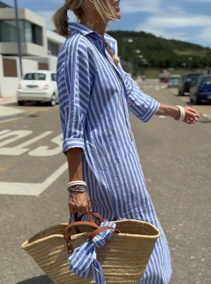 Women’s Classic Striped Button Down Occasion Everyday Shirt Dress