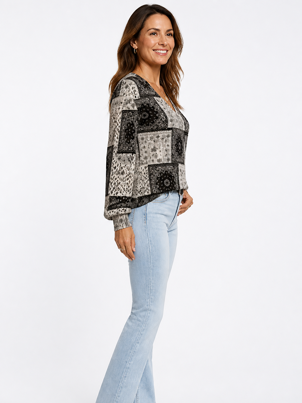 Women's Bohemian V-Neck Denim Print Sweater