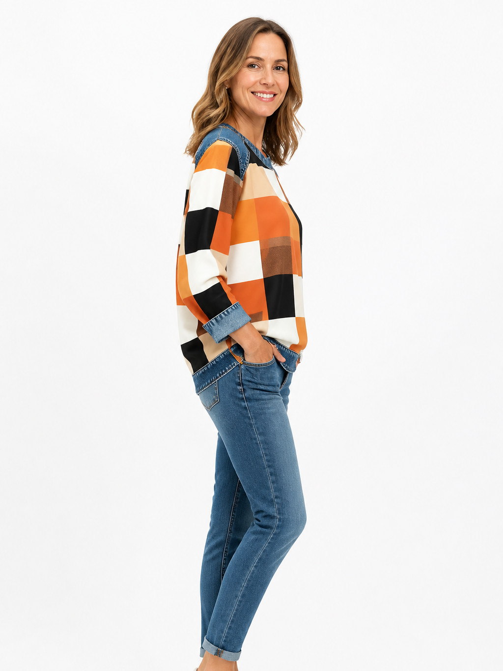 Women's Denim Panel Plaid Crewneck Sweatshirt