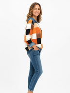 Women's Denim Panel Plaid Crewneck Sweatshirt