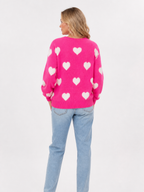 Women' Oversized Hot Pink Heart Pattern Sweater
