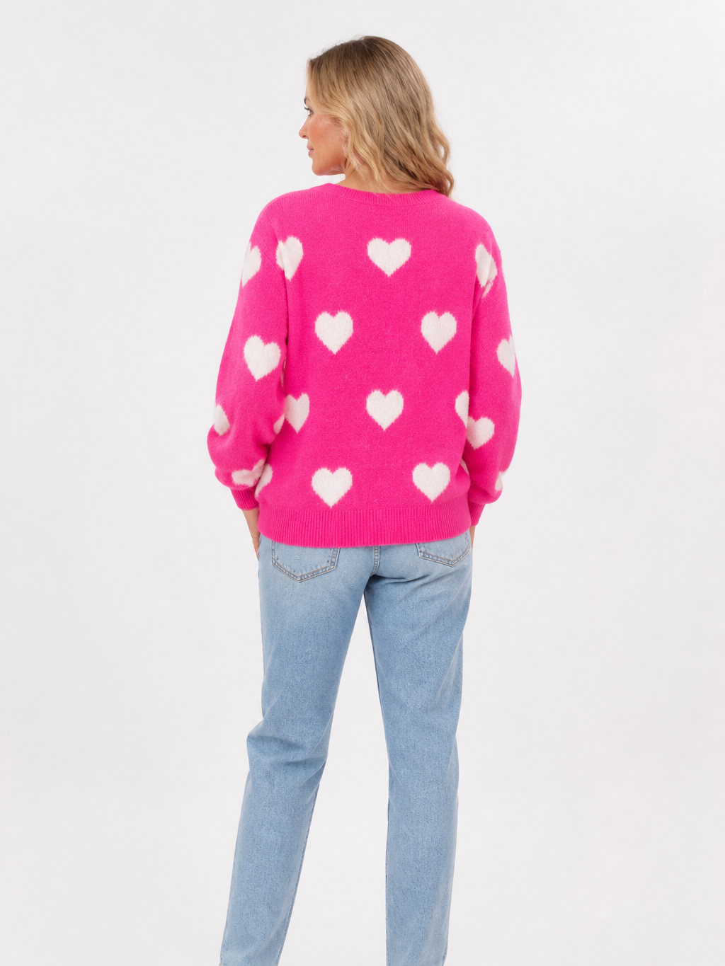 Women' Oversized Hot Pink Heart Pattern Sweater