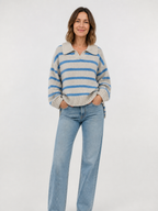 Women's Striped Polo Collar Knit Hoodie
