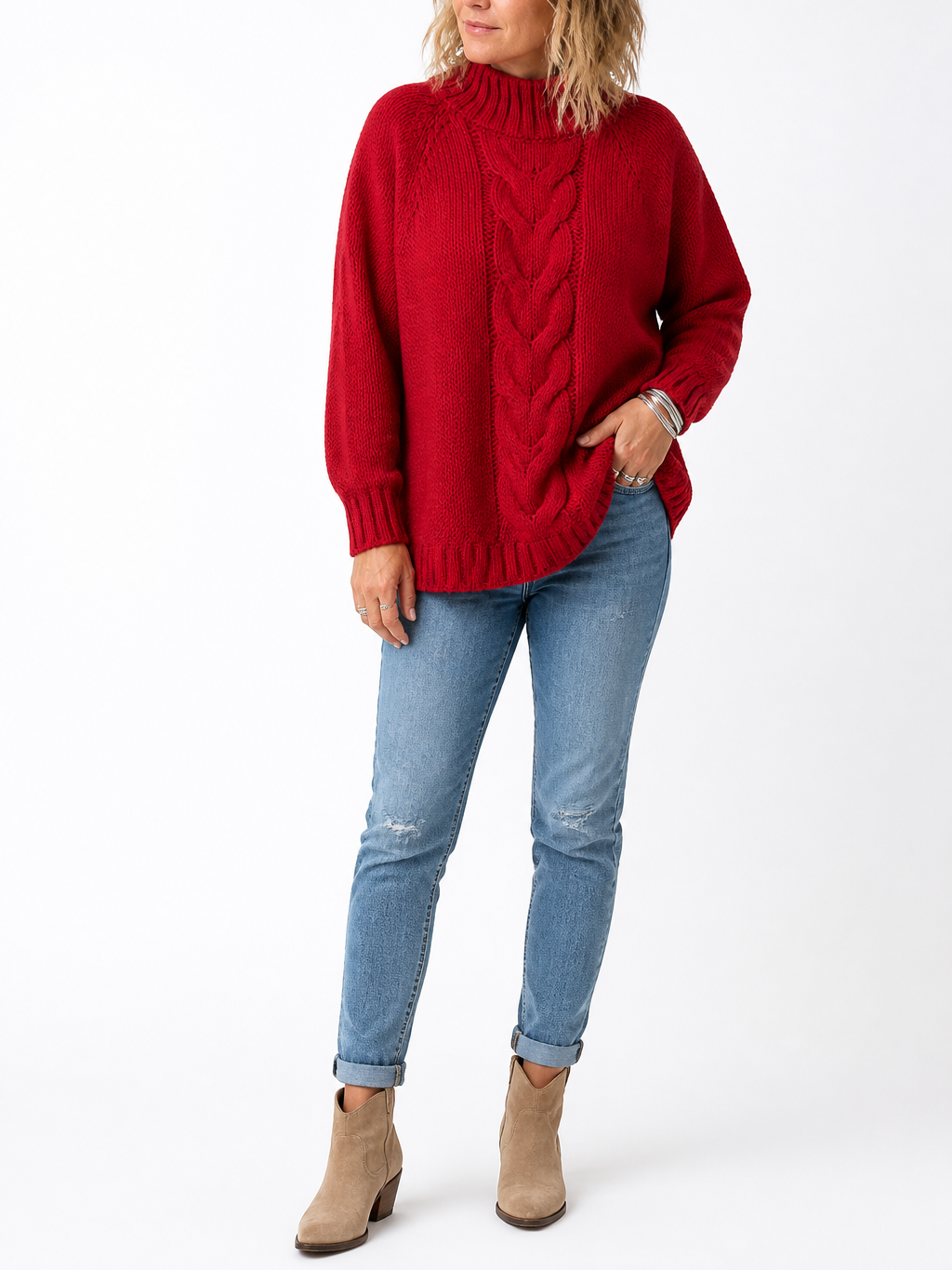 Women's Vintage Cable Knit High Neck Sweater
