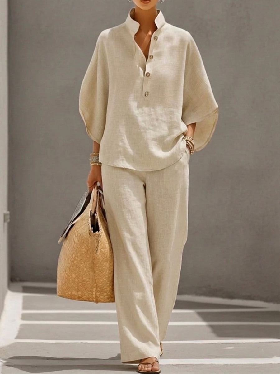 Conjunto de blusa murciélago y pantalones de pierna ancha